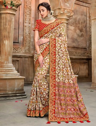 Cream pure patola silk saree design for wedding