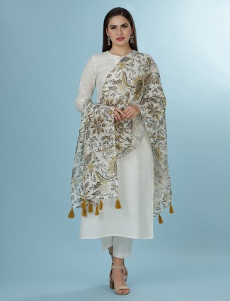 Cream solid linen quarter sleeves kurti