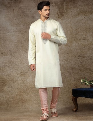 Cream stand neck cotton kurta suit