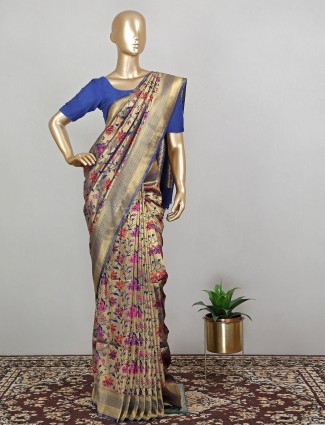 dark blue alluring wedding look saree in banarasi silk