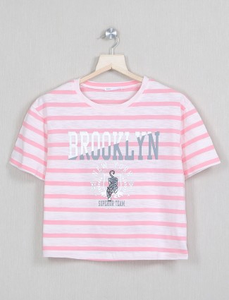 Deal stripe printed pink cotton top for women