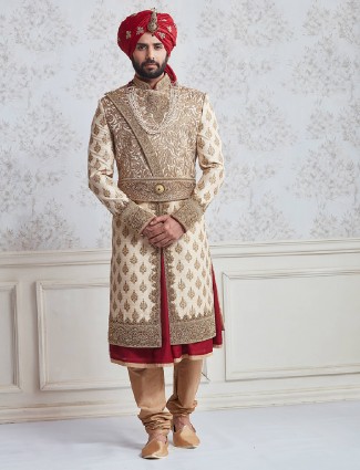 Designer beige red silk wedding wear sherwani
