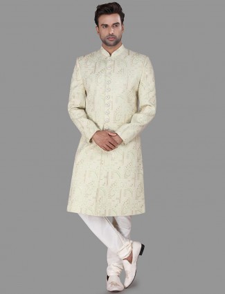Designer cream silk achkan sherwani