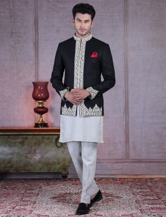 Designer grey and black cotton silk indo western suit