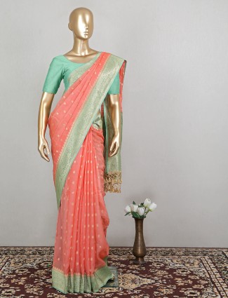 Designer peach tissue silk wedding ceremonies sari