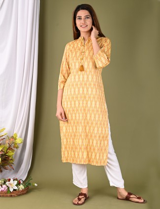 Designer sun yellow printed cotton casual wear kurti