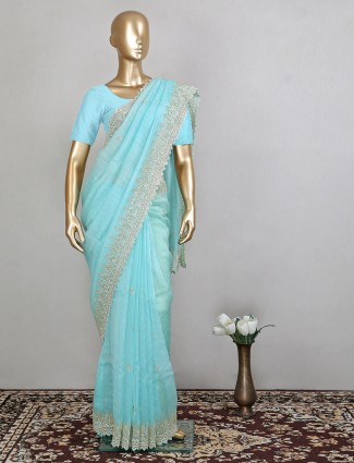 Designer teal green cotton silk saree for women