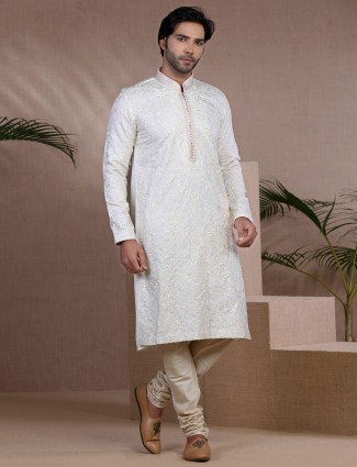 Designer white cotton silk kurta pajama for festive days