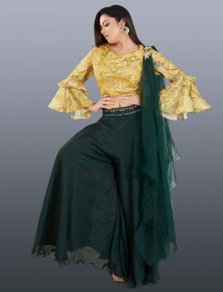 Designer yellow and bottle green indowestern salwar suit in georgette