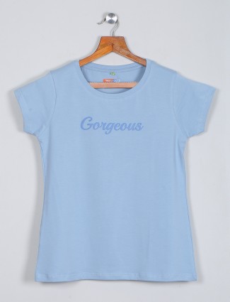 Exclusive cotton printed baby blue casual wear pretty top