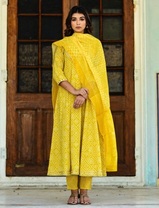 Festive occasions yellow printed cotton pant suit