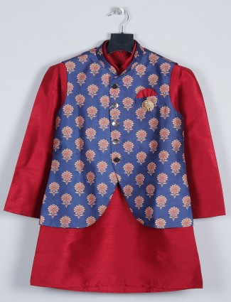 Festive wear printed red and blue waistcoat set for boys