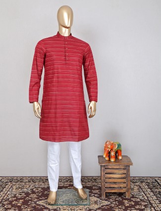 Festive wear red hued cotton full sleeeves kurta suit