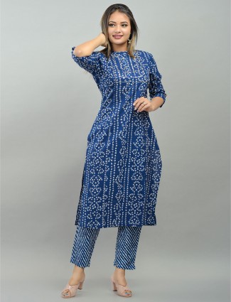 Festive wear royal blue cotton printed punjabi style pant suit