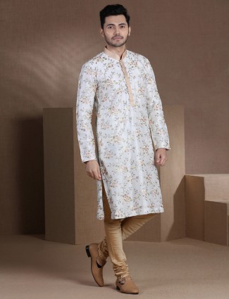 Festive wear white cotton silk mens kurta pajama