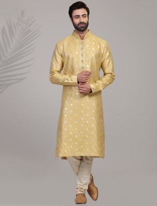 Festive wear yellow jacquard silk mens kurta suit