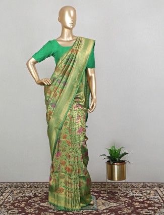 Forest green fabulous banarasi silk saree for wedding look