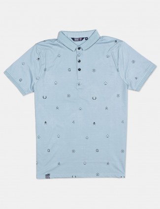 Freeze blue printed cotton slim fit polo t-shirt