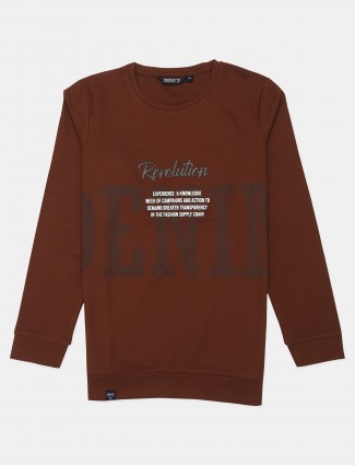 Freeze printed brown cotton casual t-shirt