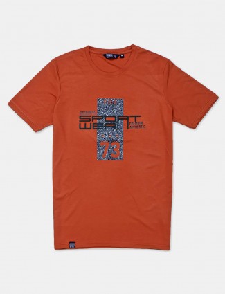 Freeze rust orange printed cotton mens t-shirt
