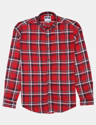 Frio casual cotton shirt in red color with checks print