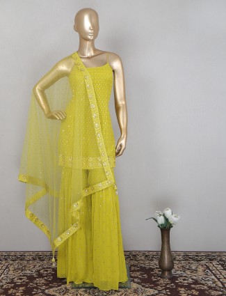 Georgette attirable punjabi style sharara suit in lemon yellow