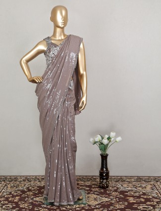 Georgette saree in stone brown with ready made blouse