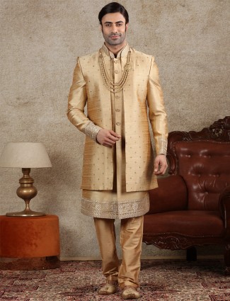 Gold jacket style indo western for wedding function