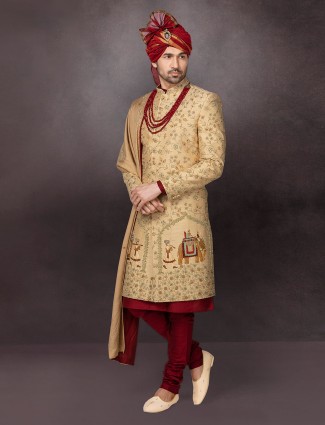 Gold silk designer sherwani for wedding
