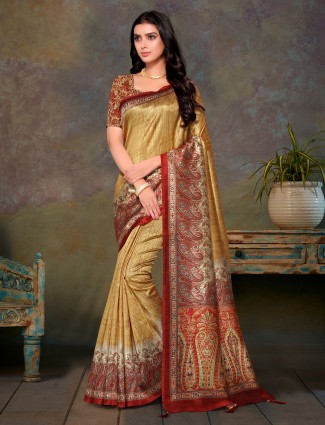 Golden color innovative tussar silk wedding saree
