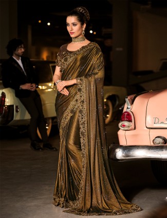 Golden colored wedding and party occasions lycra sari for women