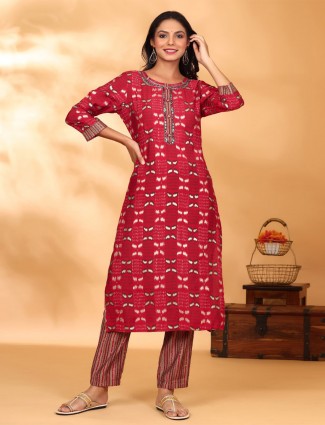 Gorgeous cotton casual ruby red pant suit