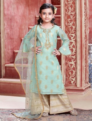 Green cotton silk party wear palazzo suit