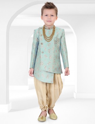 Green hue cotton silk fabric boys indo western for party