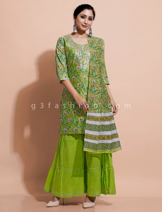 Green printed cotton kurti set with sharara bottom
