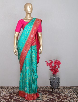 Green semi silk wedding wear saree for women