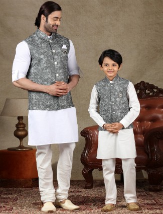 Grey and white cotton waistcoat set for father and son