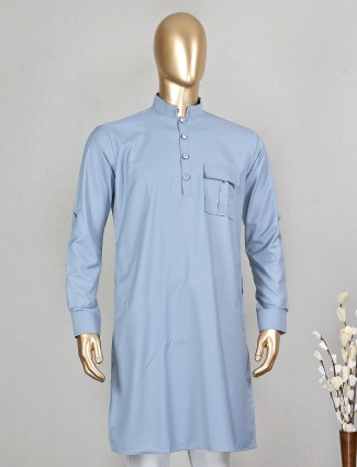 Grey color cotton silk solid short kurta for men