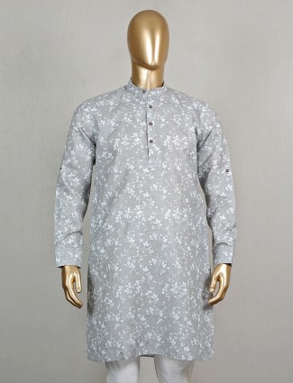 Grey colored printed short pathani in cotton fabric