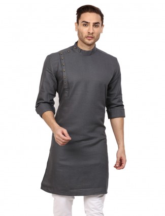 Grey cotton full sleeves solid kurta