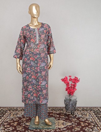 Grey floral palazzo suit in cotton silk for women