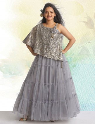 Grey gown for girl in net fabric