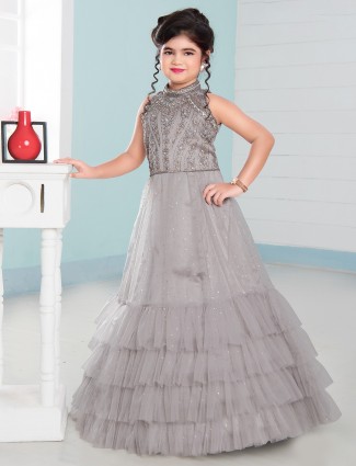 Grey net party wear gown for girls