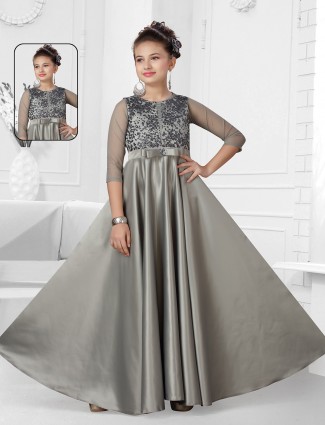 Grey party wear silk gown for girls