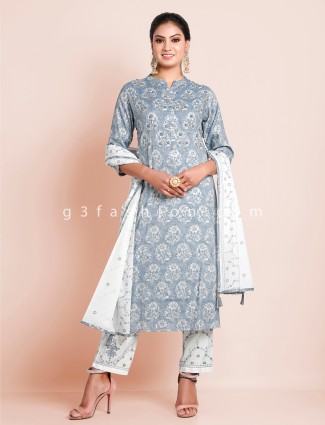 Grey punjabi style printed festive functions cotton pant suit