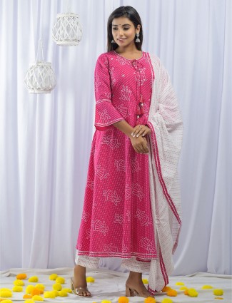 Hot pink printed punjabi cotton festive occasions pant suit