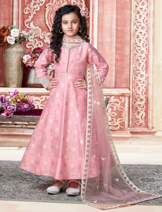 Idealistic pink hue silk anarkali suit for girls