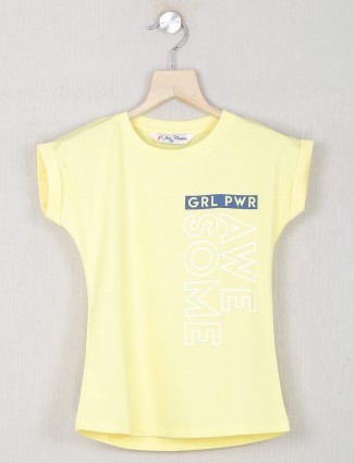 Just cloth printed light yellow casual t-shirt for girls