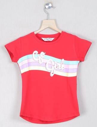 Just cloth red casual wear printed t-shirt