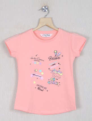 Just clothes peach printed cotton t-shirt for girls